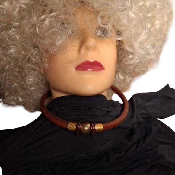 Vintage Jewelry - Genuine Leather Cuff Style Necklace European Brass Accents Hippie Indie Artsy